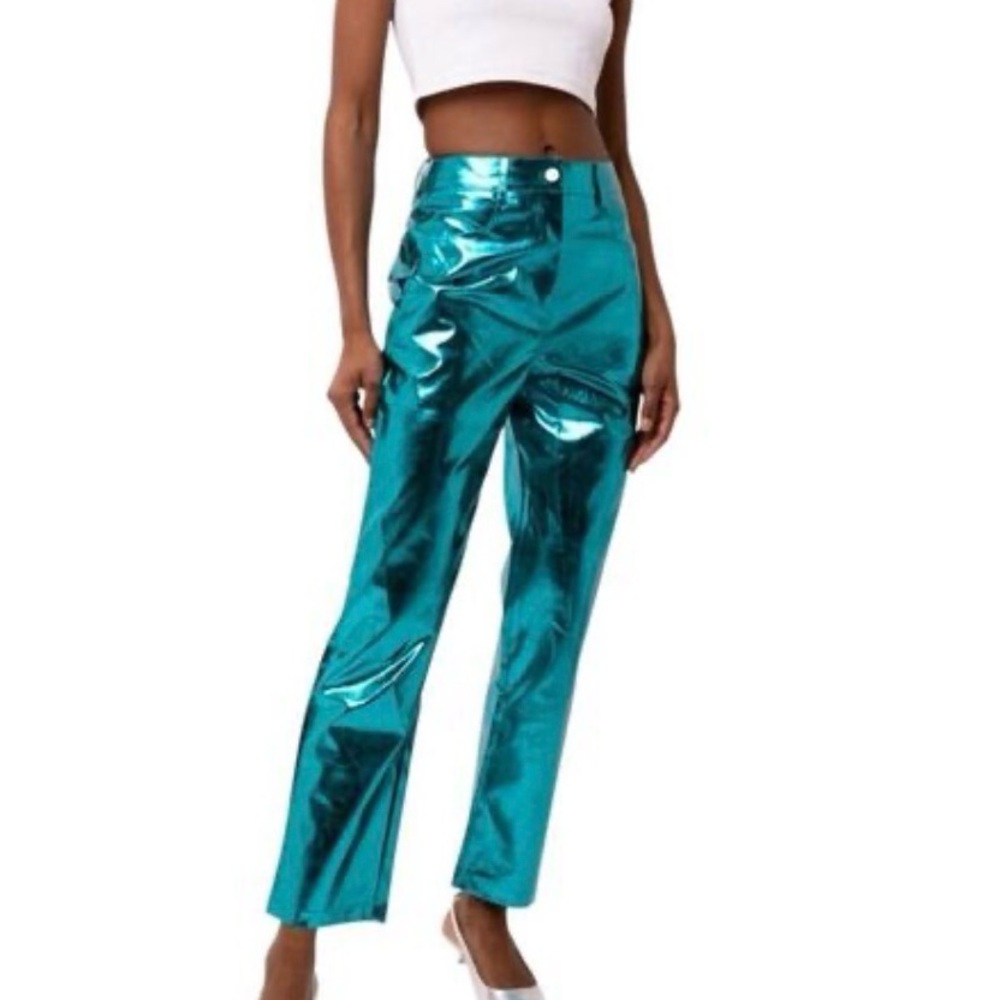 Amy Lynn Metallic Teal Lupe High-Waisted Pants
